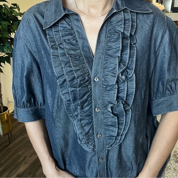 NWT Lafayette 148 Short Sleeves Ruffle Front Button Down Blouse Shirt Gray XL - Picture 3 of 11